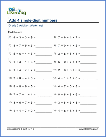 Grade 2 Addition Worksheet on adding 4 single-digit numbers