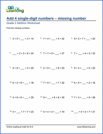 Grade 2 Addition Worksheet on adding 4 single-digit numbers with missing number
