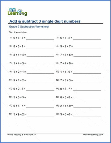 Grade 2 Subtraction Worksheet on add and subtract 3 single-digit numbers