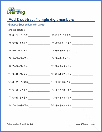 Grade 2 Subtraction Worksheet on adding and subtracting 4 single-digit numbers