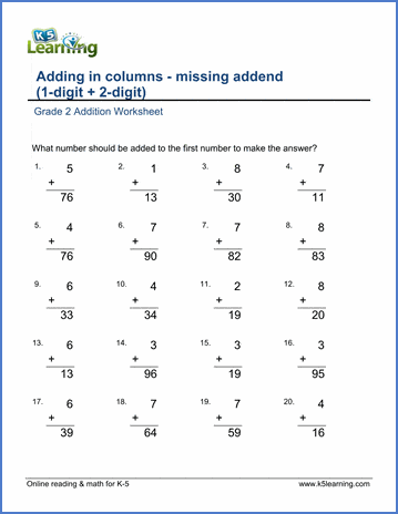 Grade 2 Addition Worksheet on adding in columns - missing addend