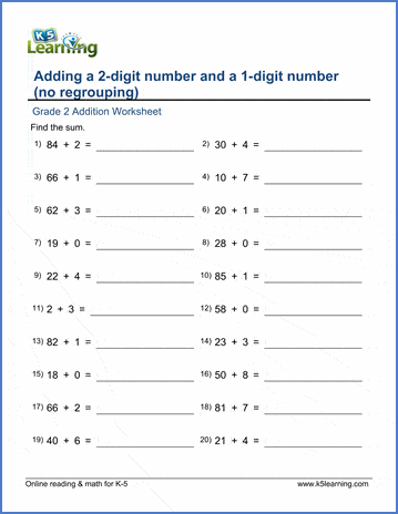 Grade 2 Addition Worksheet on adding a 2-digit number and a 1-digit number - no regrouping