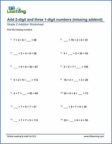 Grade 2 Addition Worksheet on adding a 2-digit and three 1-digit numbers - missing addend