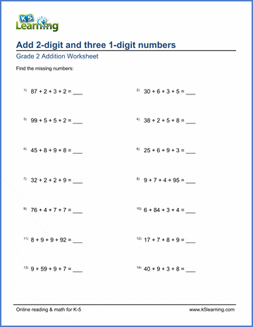 Grade 2 Addition Worksheet on adding a 2-digit and three 1-digit numbers