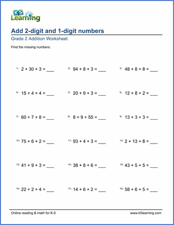 Grade 2 Addition Worksheet on adding a 2-digit and two 1-digit numbers