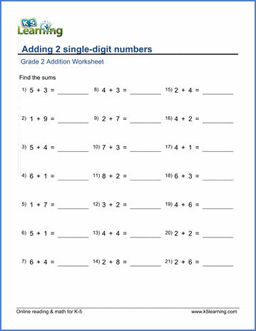 Grade 2 Addition Worksheet on adding 2 single-digit numbers