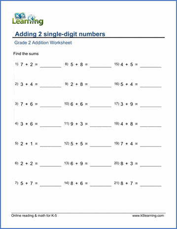 Grade 2 Addition Worksheet on adding 2 single-digit numbers - sum between 10 and 18