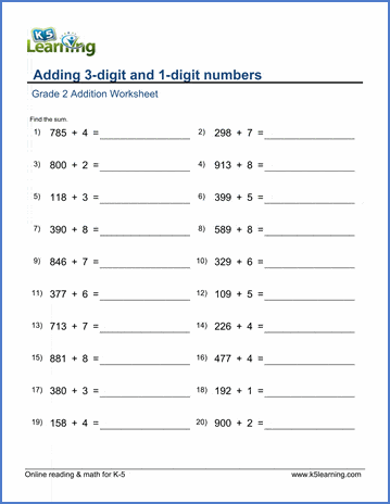 Grade 2 Addition Worksheet on adding 3-digit and 1-digit numbers