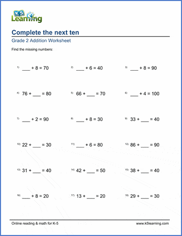 Grade 2 Addition Worksheet on completing the next ten - missing number