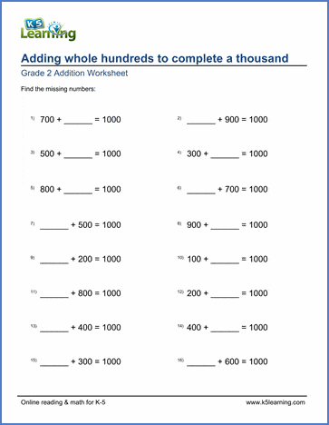Grade 2 Addition Worksheet on adding whole hundreds to complete a thousand
