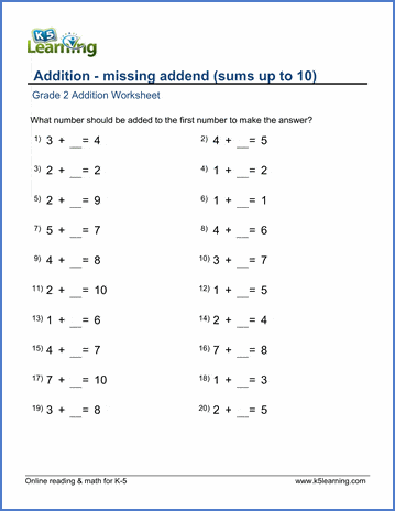 grade 2 math worksheets adding within 0 10 missing addend k5 learning