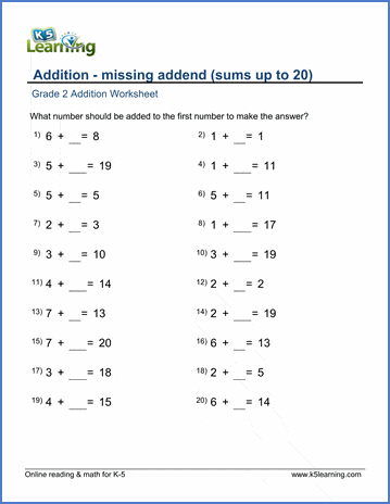 Grade 2 Addition Worksheet on adding sum within 10-18 - missing addend