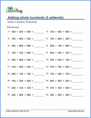 Grade 2 Addition Worksheet on adding whole numbers - three 3-digit numbers