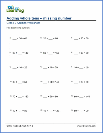 Grade 2 Addition Worksheet on adding whole tens - missing number