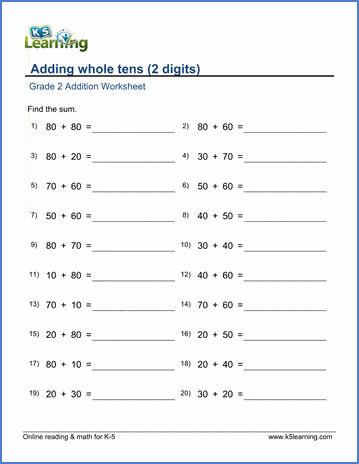 Grade 2 Addition Worksheet on adding whole tens - two digits