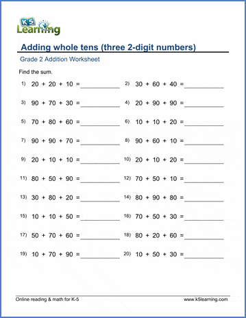 Grade 2 Addition Worksheet on adding whole tends - three 2-digit numbers