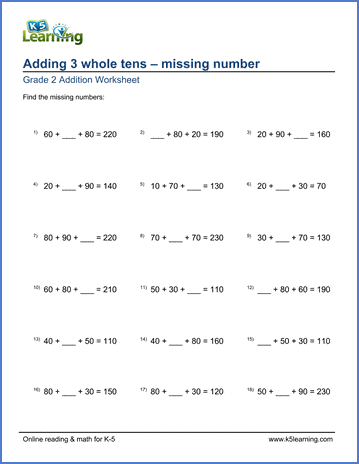 Grade 2 Addition Worksheet on adding 3 whole tens - missing number