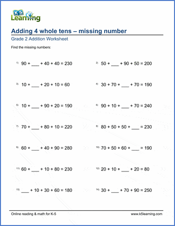 Grade 2 Math Worksheet - Adding 4 whole tens with missing addends | K5