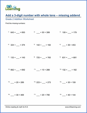 Grade 2 Addition Worksheet on adding a 3-digit number with whole tens