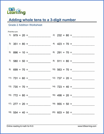 Grade 2 Addition Worksheet on adding whole tens to a 3-digit number