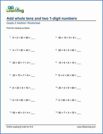 Grade 2 Addition Worksheet on adding whole tens and two 1-digit numbers