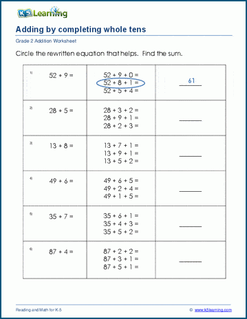 Adding by completing whole tens worksheets