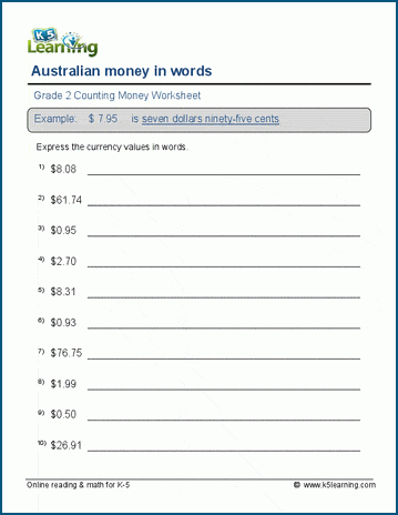 Australian money in words worksheet