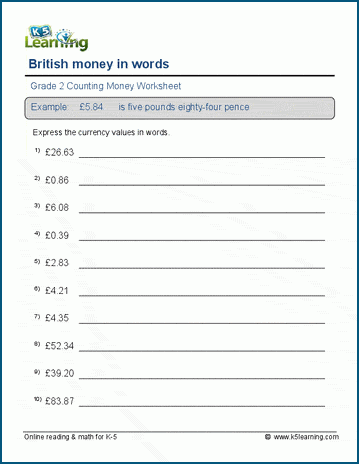 British money in words worksheet