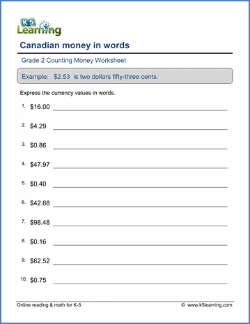Grade 2 Counting money Worksheet on writing Canadian money in words