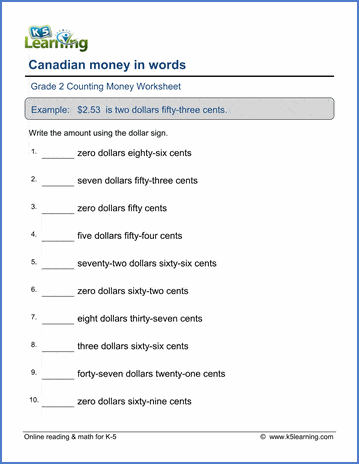 Grade 2 Counting money Worksheet on writing currency value from words to numbers
