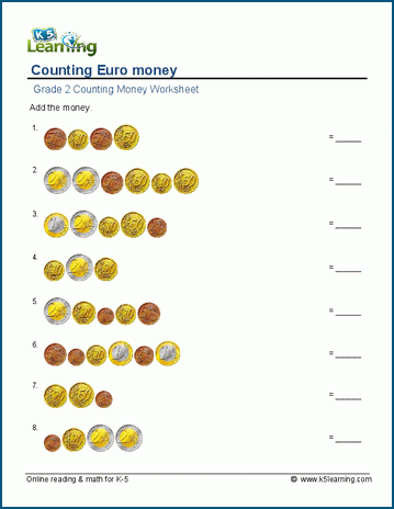 Counting Euro money worksheet