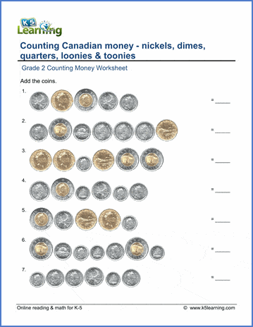 Grade 2 Counting money Worksheet on counting nickels, dimes, quarters, loonies, toonies
