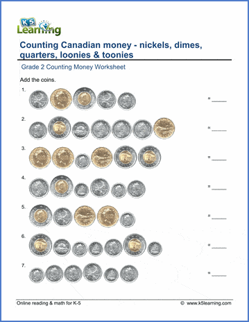 Grade 2 money Worksheets - Counting Canadian coins including toonies