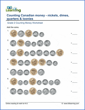 Grade 2 Counting money Worksheet on counting nickels, dimes, quarters and loonies