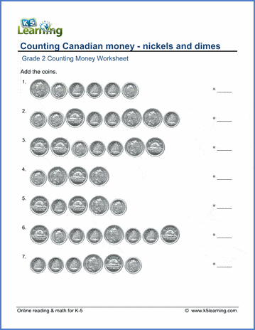 Grade 2 Counting money Worksheet on counting Canadian nickels and dimes