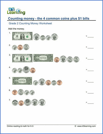 Grade 2 Counting money Worksheet on counting the 4 coins plus $1 bills