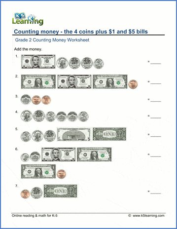 Grade 2 Counting money Worksheet on counting the 4 coins plus $1 and $5 bills