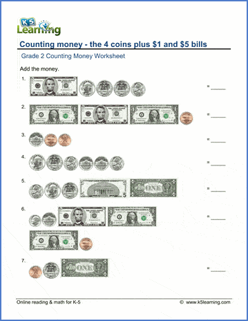 2nd grade math worksheets coins