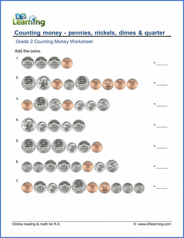 Grade 2 Counting money Worksheet on counting pennies, nickels, dimes and quarters