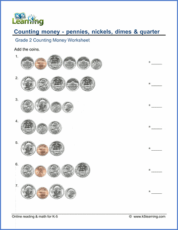 Grade 2 Counting money Worksheet on counting pennies, nickels, dimes & quarters