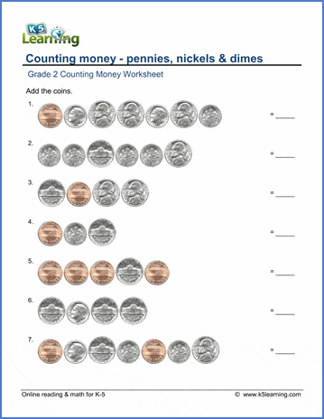 Grade 2 counting money Worksheets - pennies, nickels and dimes | K5 Learning