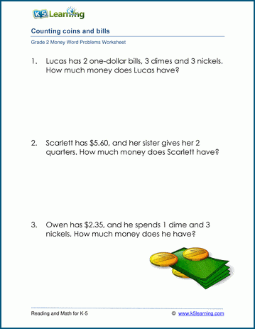 Grade 2 Word Problem Worksheet on counting money