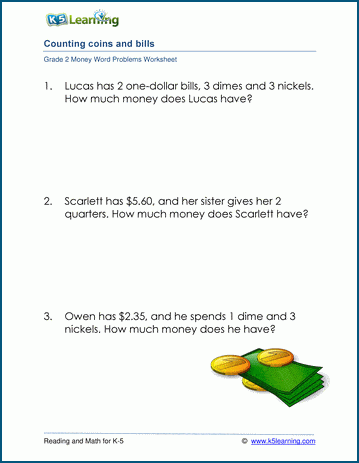 Grade 2 Money word problem worksheets | K5 Learning