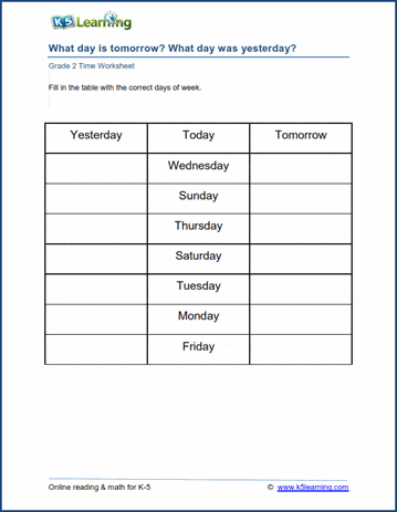 Grade 2 Calendar Worksheets: days of the week | K5 Learning