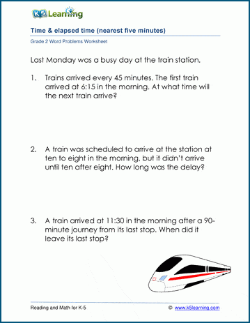 Grade 2 Word Problem Worksheet on elapsed time with 5 minute intervals