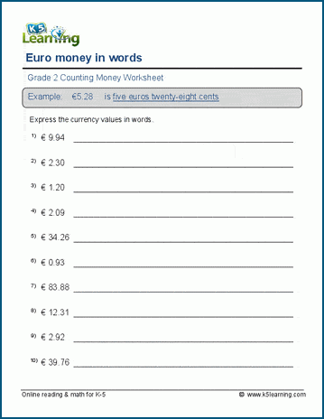 Euro money in words worksheet