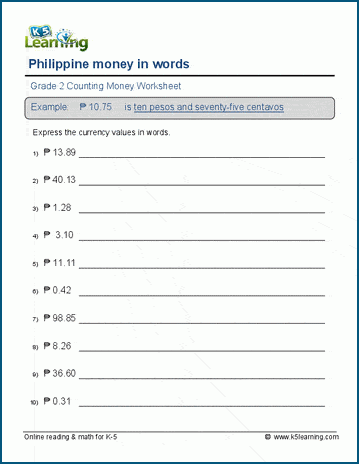 Filipino money in words worksheet