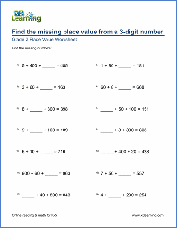 Grade 2 Worksheet: find the missing place value from a 3-digit number | K5  Learning
