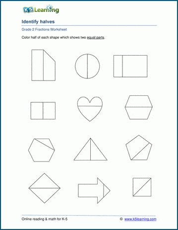 Fraction worksheets: equal parts (halves, thirds .) | K5 Learning