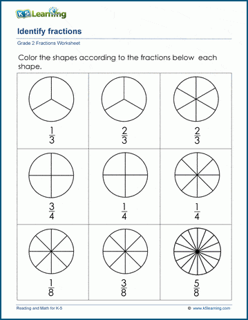 Coloring fractions worksheets for grade 2 | K5 Learning
